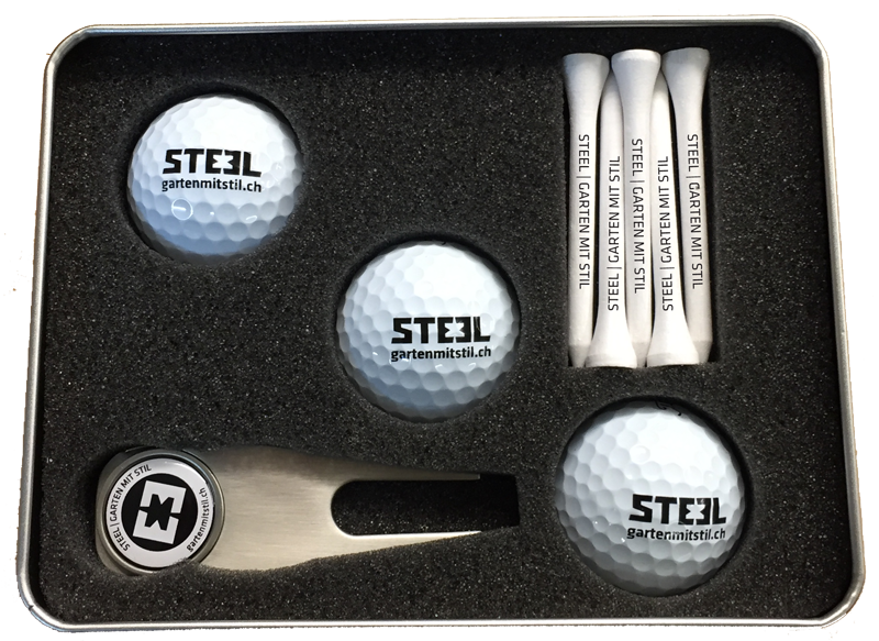 Three ball golf gift set with printed balls, tees and pitchfork