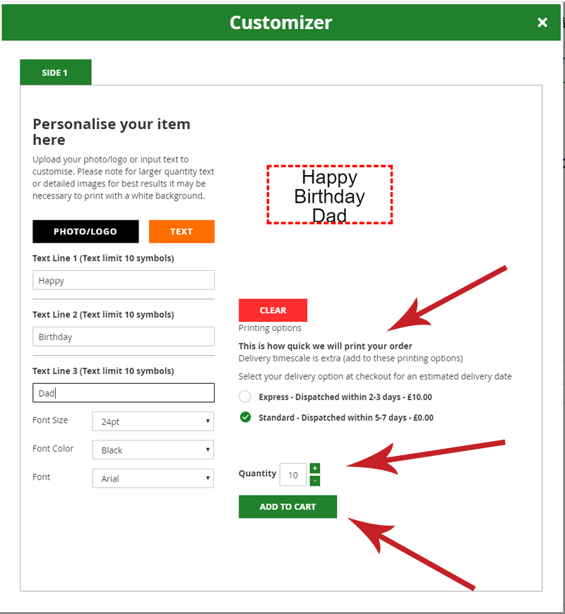 Customiser lead times, quantity add to cart